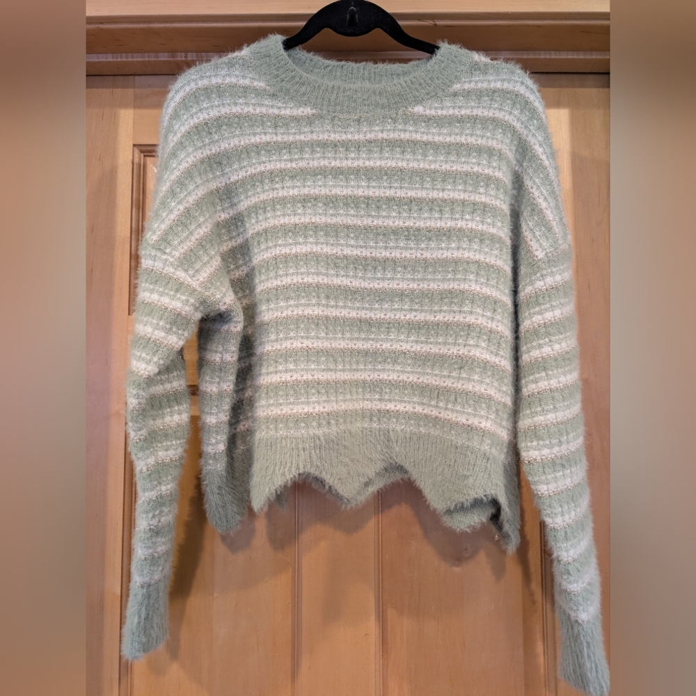 Cozy Striped Sweater in Soft Green and Cream And Gold